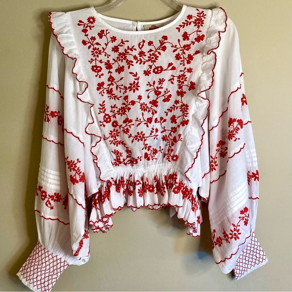 NEW FARM Rio Off-White with Red Embroidered Long Sleeve Blouse Cotton Size XXS - Picture 9 of 16